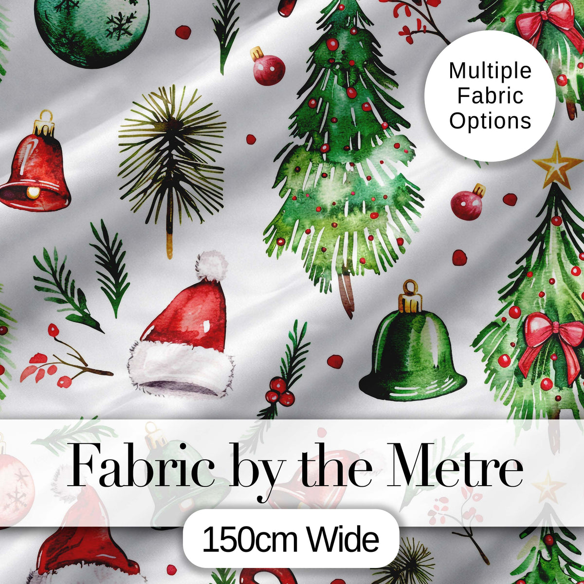 Watercolor Christmas Trees Bells Santa Hats Festive Seamless Pattern Digital Print Fabric by the Metre UK Sewing Quilting Textile