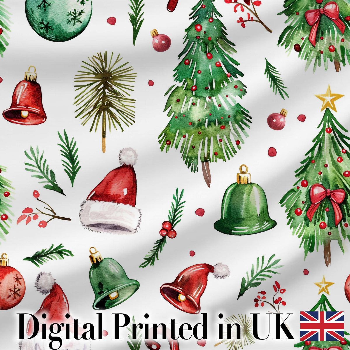 Watercolor Christmas Trees Bells Santa Hats Festive Seamless Pattern Digital Print Fabric by the Metre UK Sewing Quilting Textile