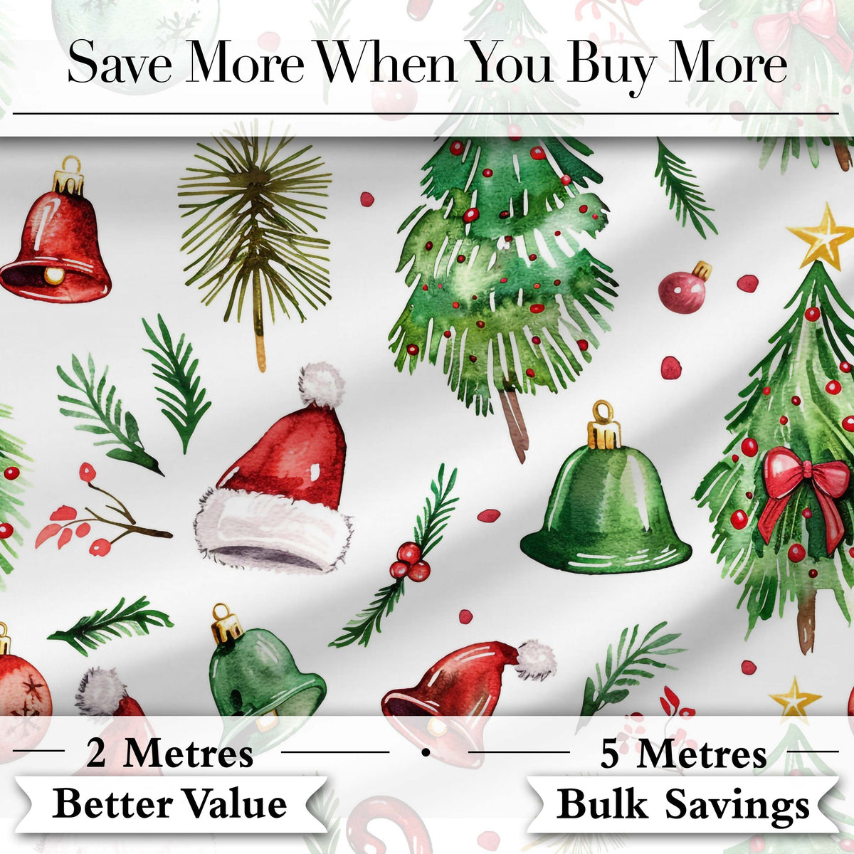 Watercolor Christmas Trees Bells Santa Hats Festive Seamless Pattern Digital Print Fabric by the Metre UK Sewing Quilting Textile