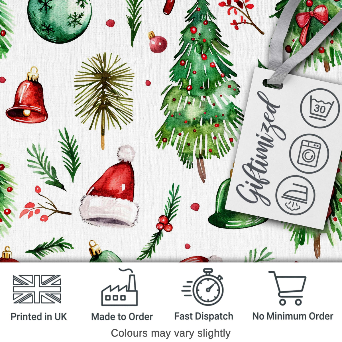 Watercolor Christmas Trees Bells Santa Hats Festive Seamless Pattern Digital Print Fabric by the Metre UK Sewing Quilting Textile