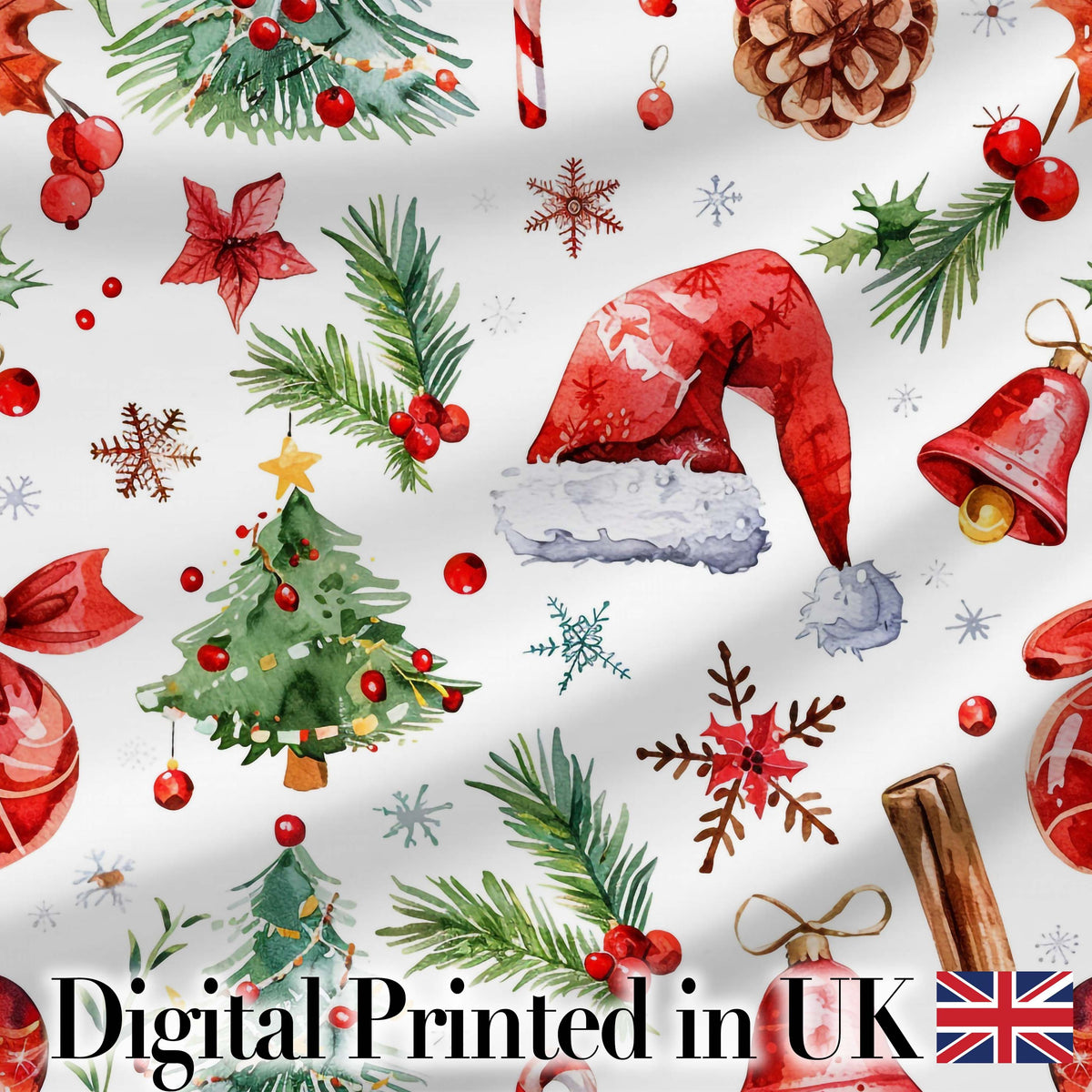 Watercolor Christmas Santa Hat Tree Branches Snowflakes Festive Digital Print Fabric by the Metre UK Sewing Quilting Textile