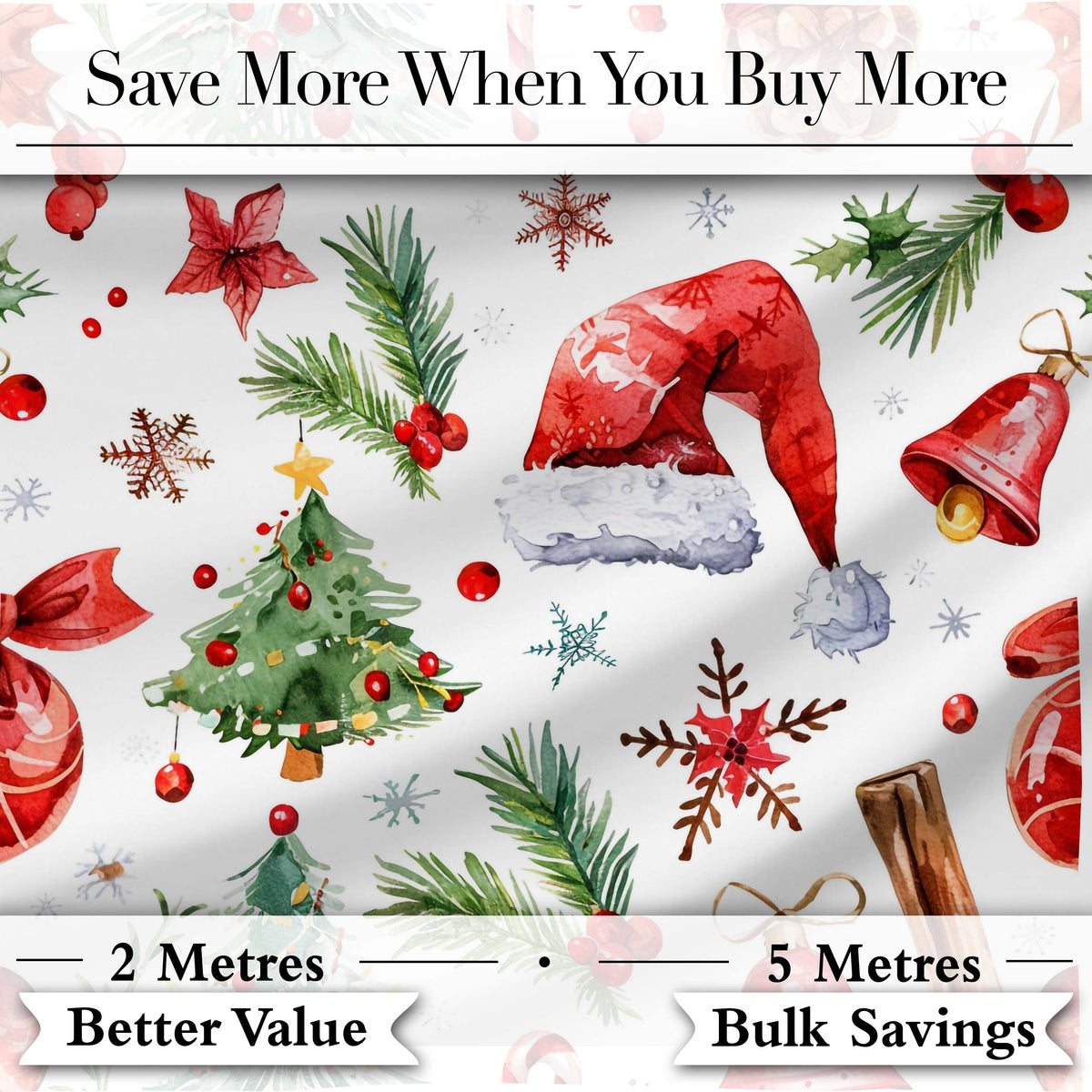 Watercolor Christmas Santa Hat Tree Branches Snowflakes Festive Digital Print Fabric by the Metre UK Sewing Quilting Textile