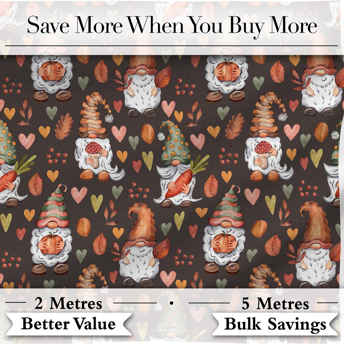Autumn Gnomes Leaves Hearts Cozy Fall Watercolor Seamless Pattern Digital Print Fabric by the Metre UK Sewing Quilting Textile