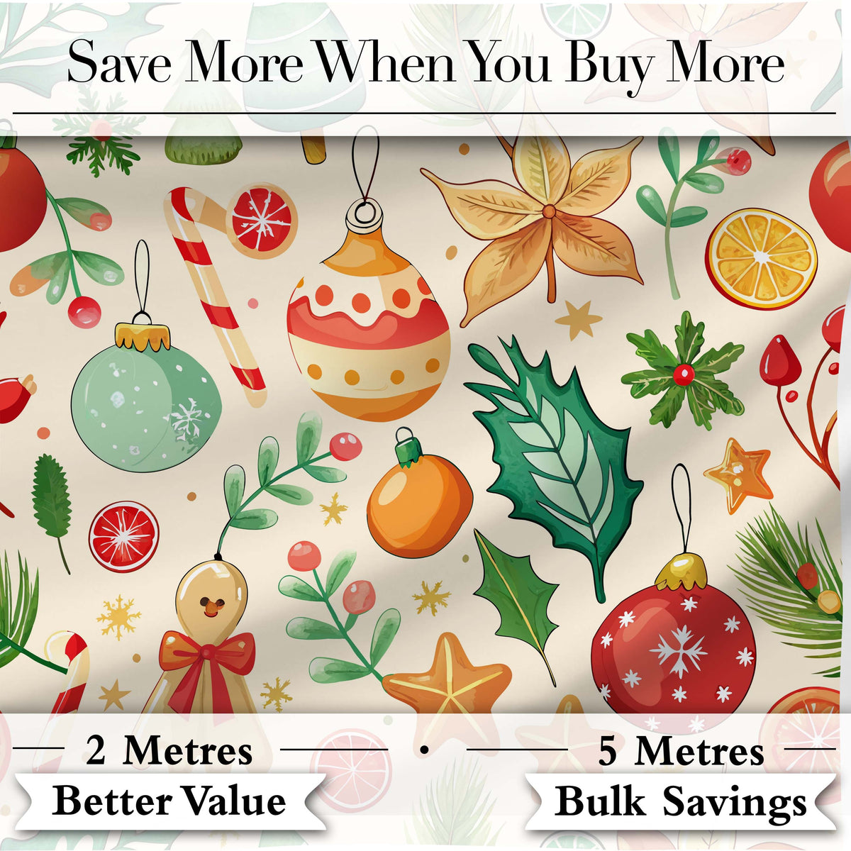 Cute Christmas Ornaments Candy Cane Citrus Leaves Festive Seamless Pattern Digital Print Fabric by the Metre UK Sewing Quilting Textile