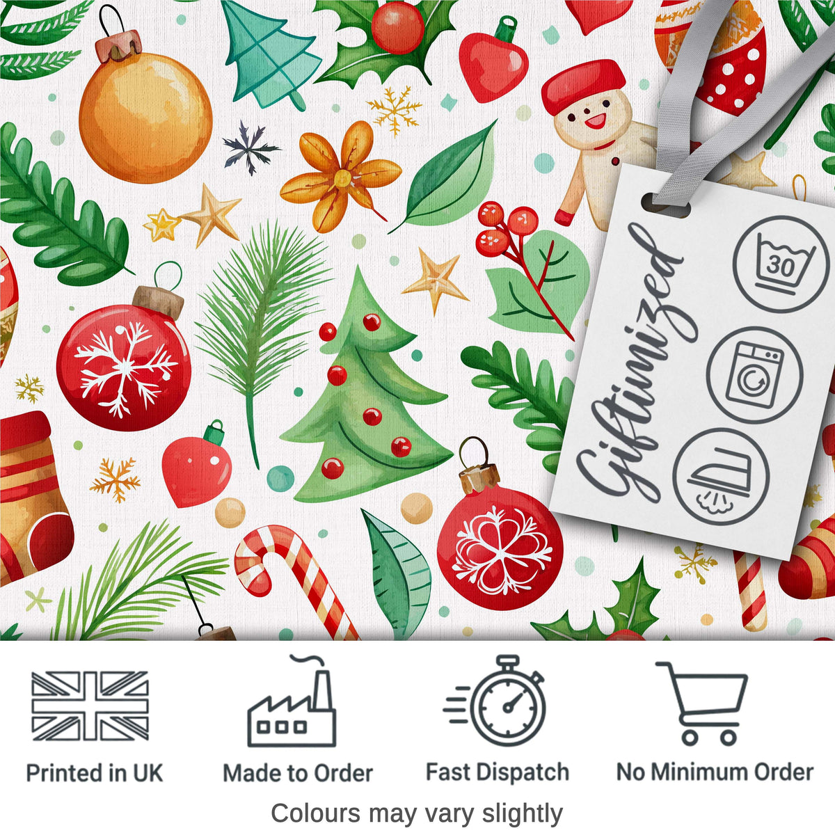Cute Christmas Tree Snowman Candy Cane Baubles Seamless Pattern Digital Print Fabric by the Metre UK Sewing Quilting Textile