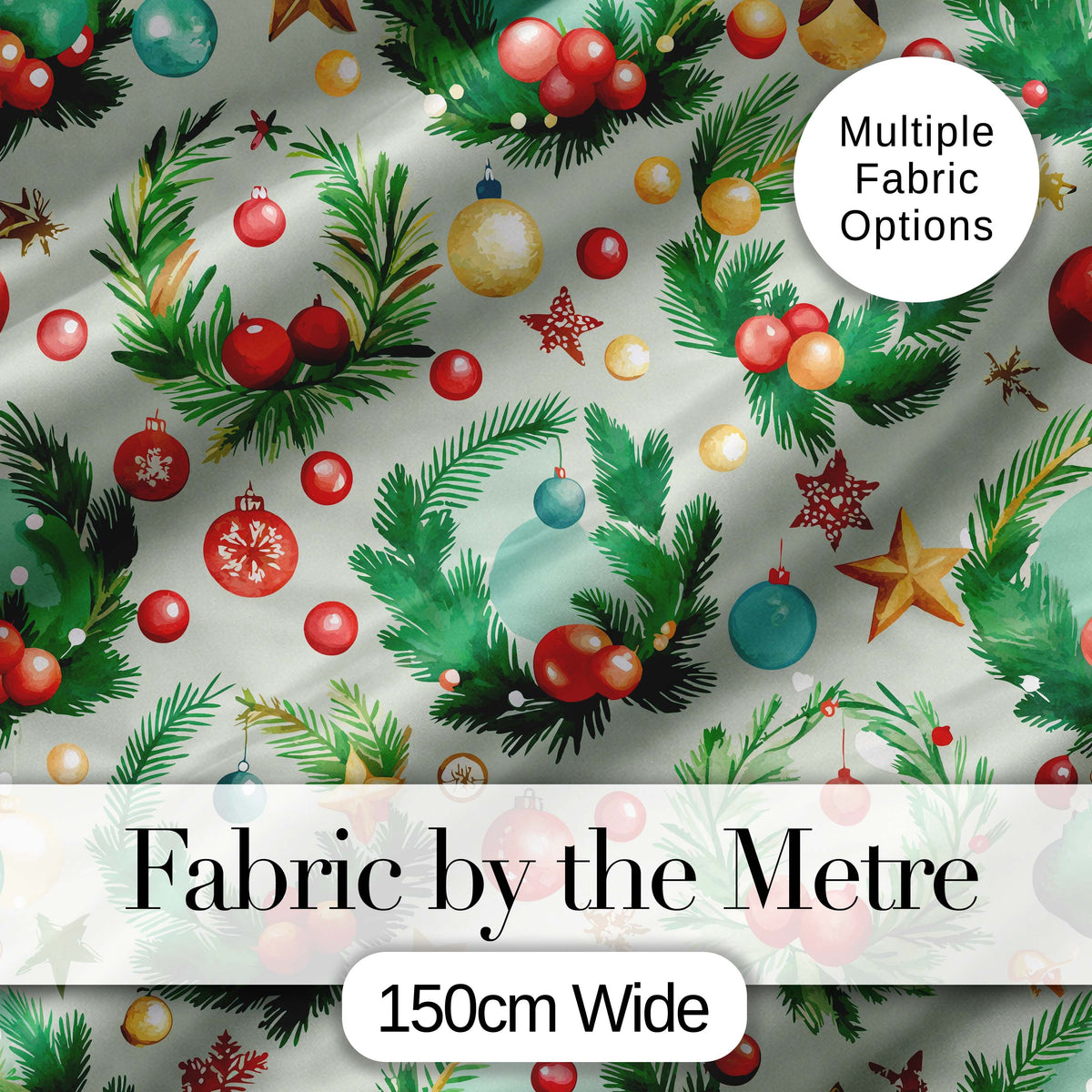 Watercolor Christmas Wreath Baubles Pine Branches Festive Seamless Pattern Digital Print Fabric by the Metre UK Sewing Quilting Textile