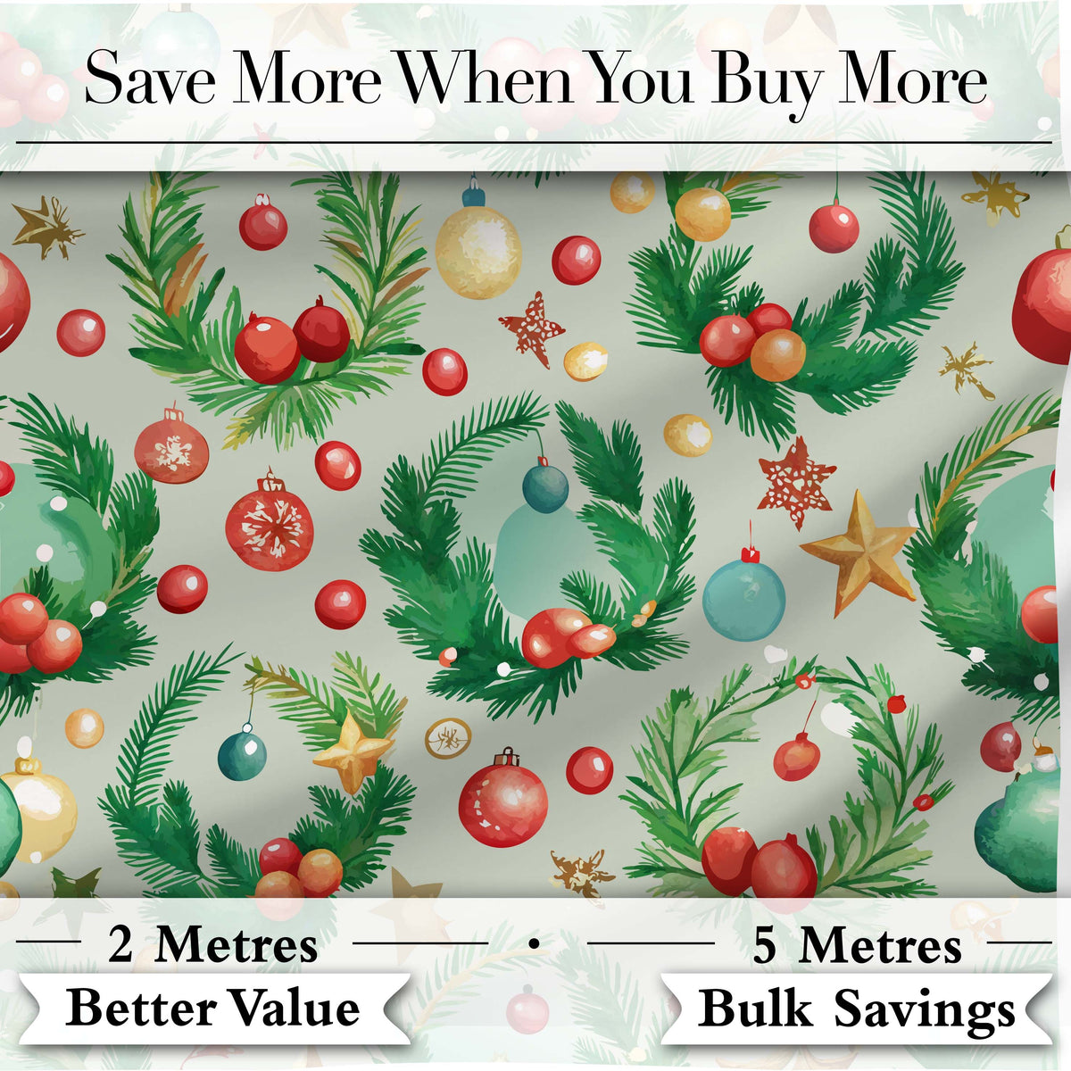 Watercolor Christmas Wreath Baubles Pine Branches Festive Seamless Pattern Digital Print Fabric by the Metre UK Sewing Quilting Textile