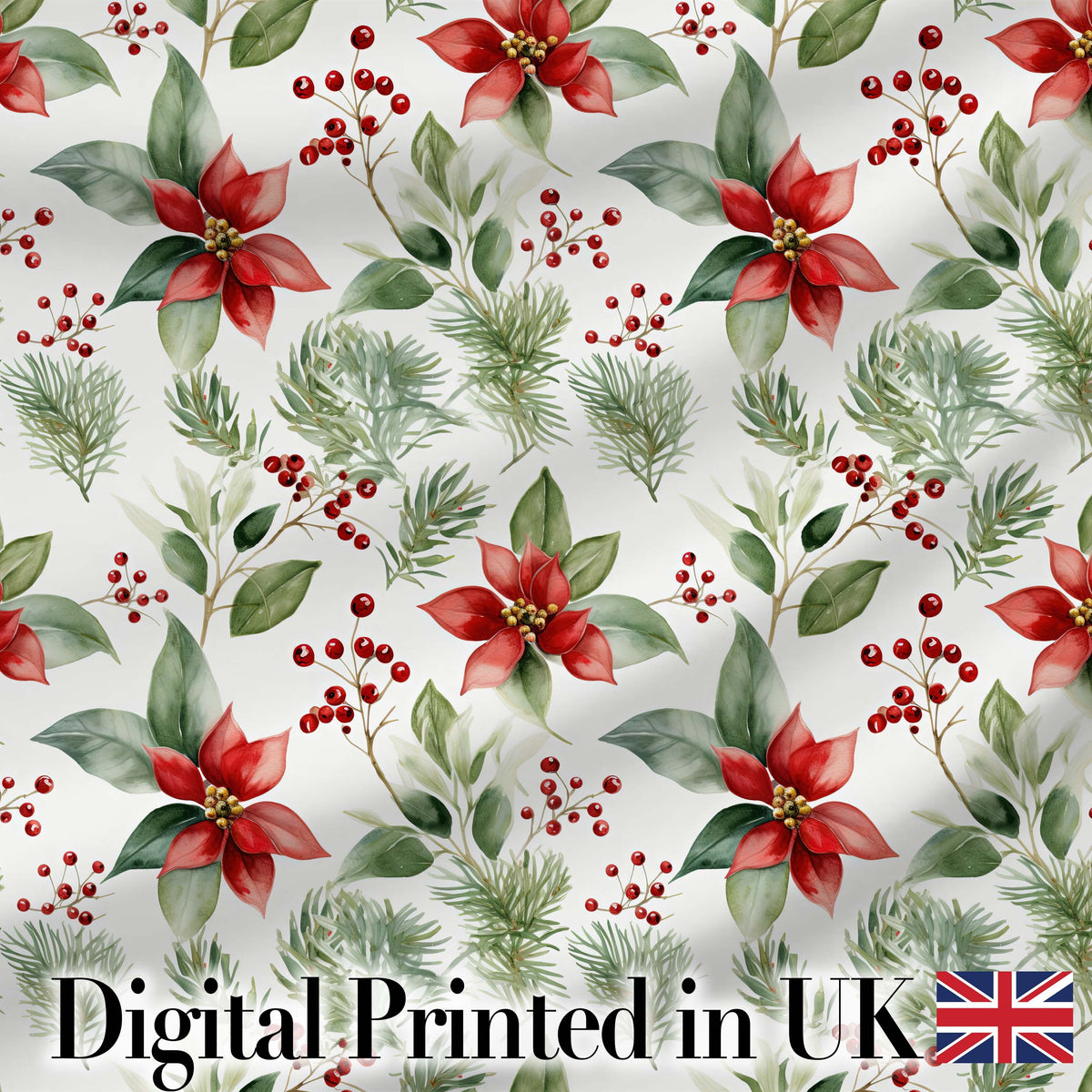 Watercolor Poinsettia Flowers Holly Leaves Red Berries Seamless Pattern Digital Print Fabric by the Metre UK Sewing Quilting Textile