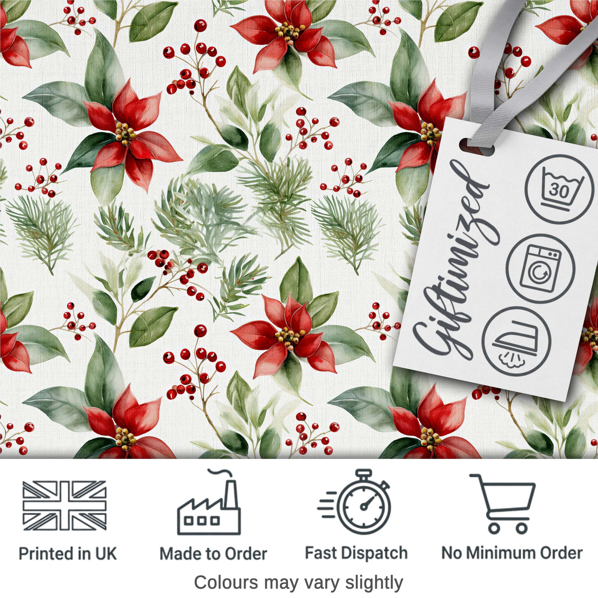 Watercolor Poinsettia Flowers Holly Leaves Red Berries Seamless Pattern Digital Print Fabric by the Metre UK Sewing Quilting Textile