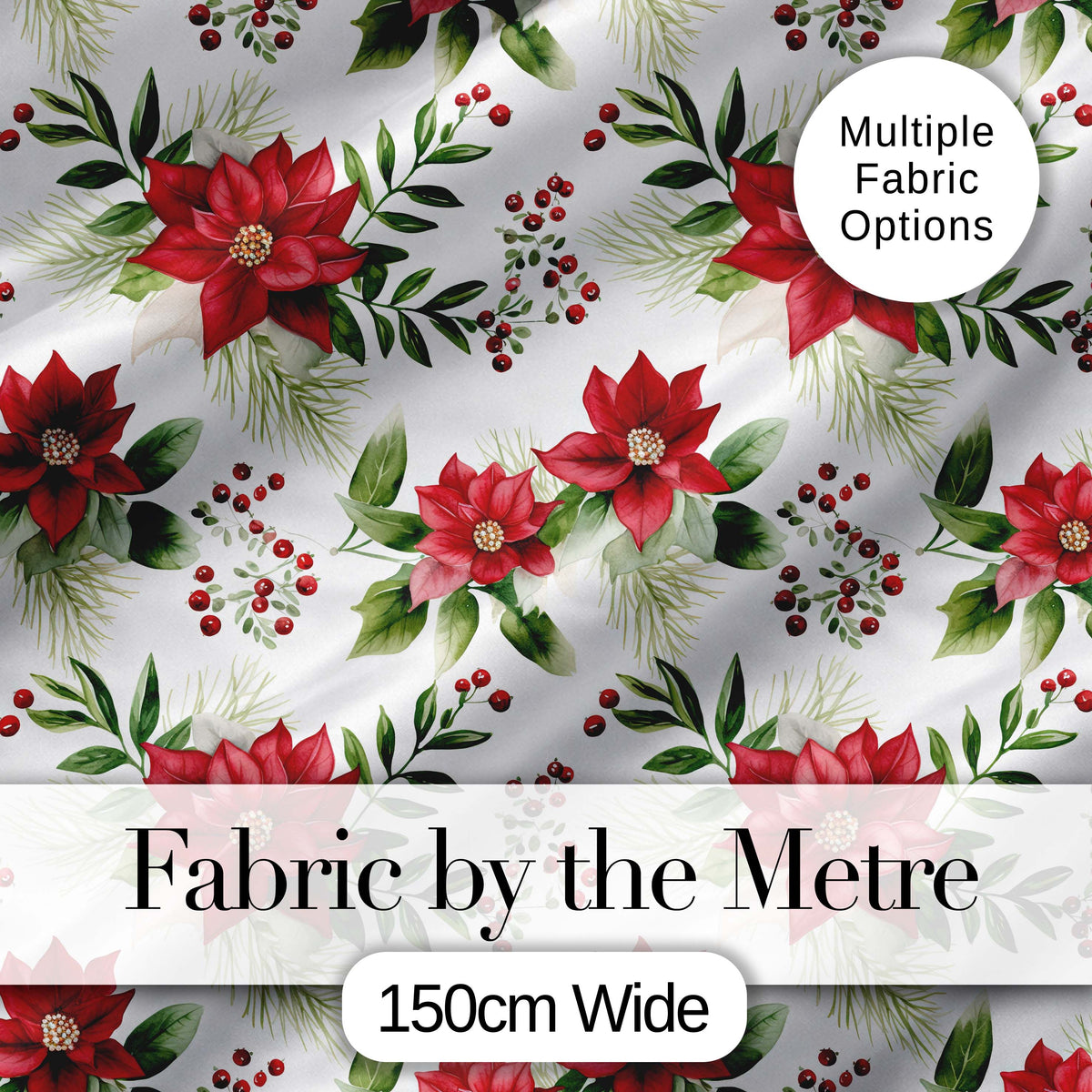 Elegant Poinsettia Flowers Green Leaves Festive Seamless Pattern Digital Print Fabric by the Metre UK Sewing Quilting Textile