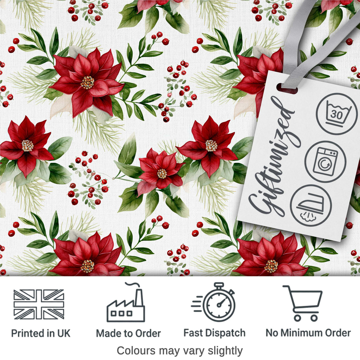 Elegant Poinsettia Flowers Green Leaves Festive Seamless Pattern Digital Print Fabric by the Metre UK Sewing Quilting Textile