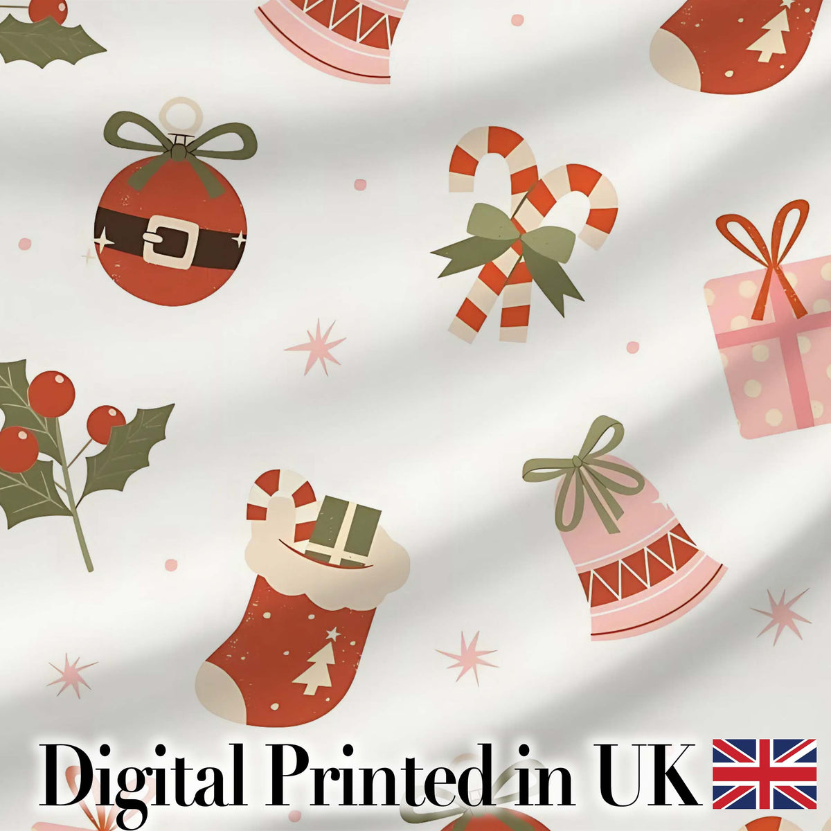 Cute Christmas Stocking Candy Cane Bells Festive Seamless Pattern Digital Print Fabric by the Metre UK Sewing Quilting Textile
