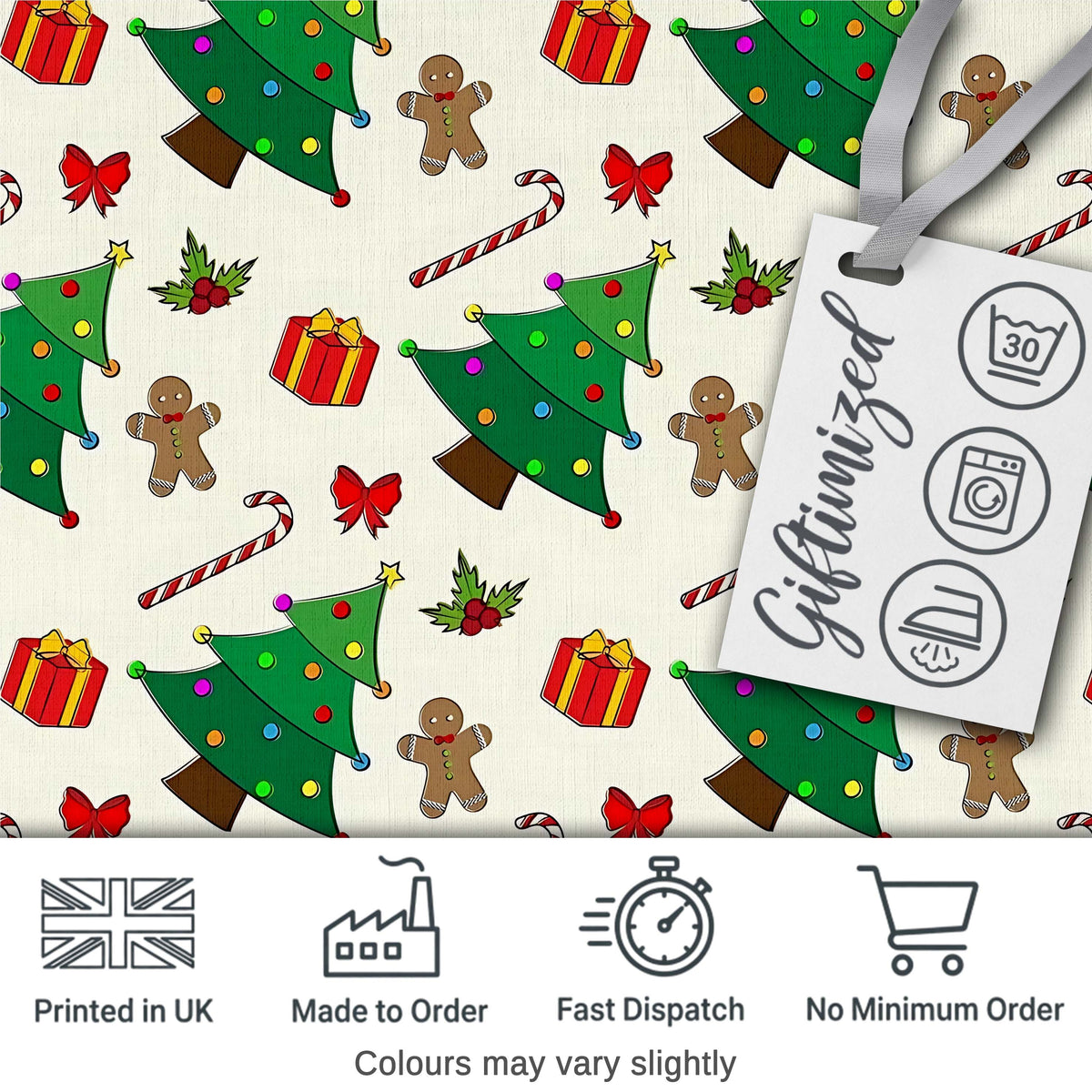 Cute Christmas Tree Gifts Candy Cane Gingerbread Seamless Pattern Digital Print Fabric by the Metre UK Sewing Quilting Textile