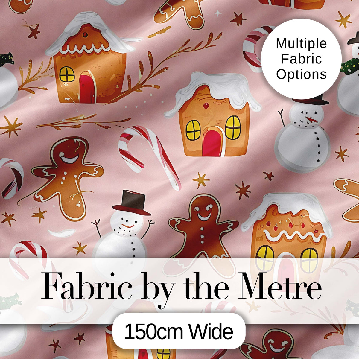 Cute Gingerbread House Candy Cane Snowman Pink Seamless Pattern Digital Print Fabric by the Metre UK Sewing Quilting Textile