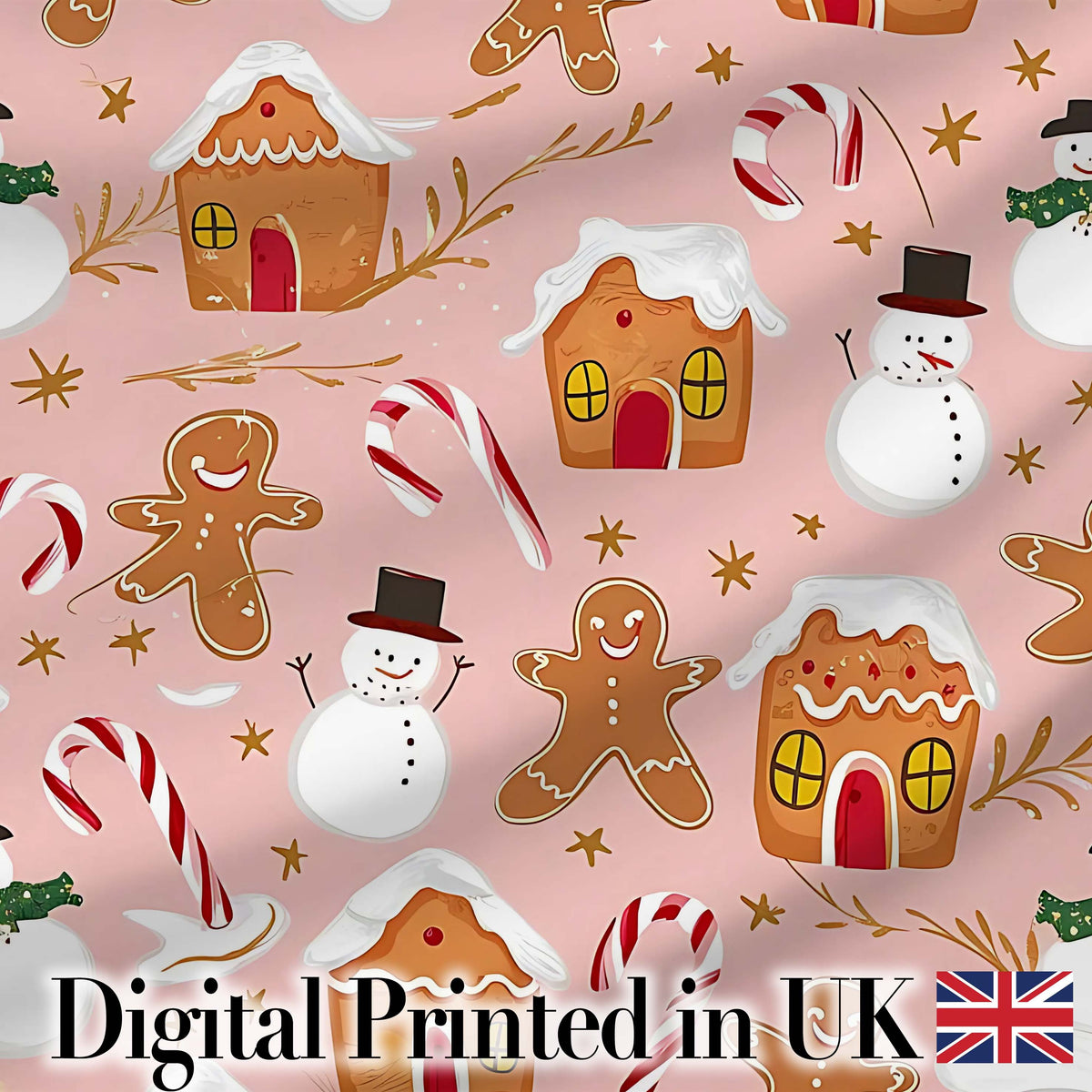 Cute Gingerbread House Candy Cane Snowman Pink Seamless Pattern Digital Print Fabric by the Metre UK Sewing Quilting Textile