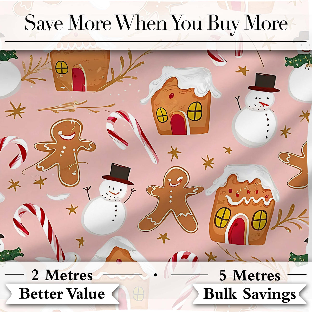 Cute Gingerbread House Candy Cane Snowman Pink Seamless Pattern Digital Print Fabric by the Metre UK Sewing Quilting Textile