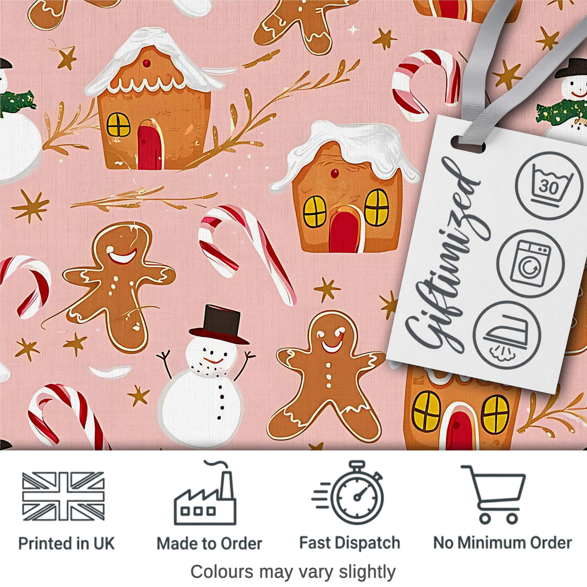 Cute Gingerbread House Candy Cane Snowman Pink Seamless Pattern Digital Print Fabric by the Metre UK Sewing Quilting Textile