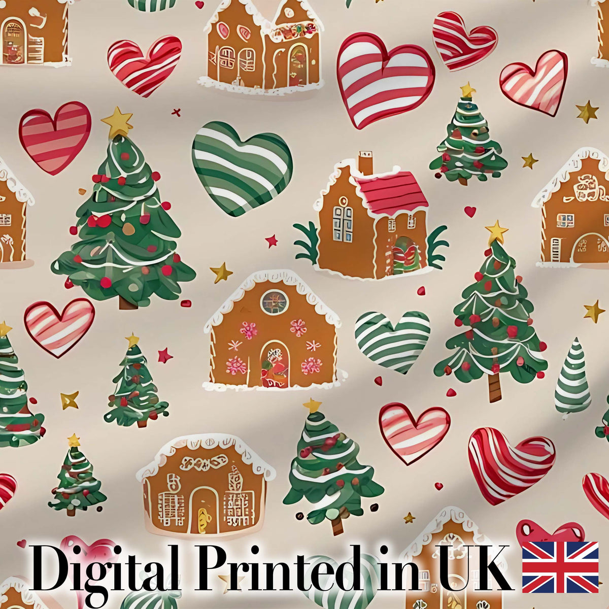 Cute Christmas Gingerbread Houses Hearts Trees Seamless Pattern Digital Print Fabric by the Metre UK Sewing Quilting Textile