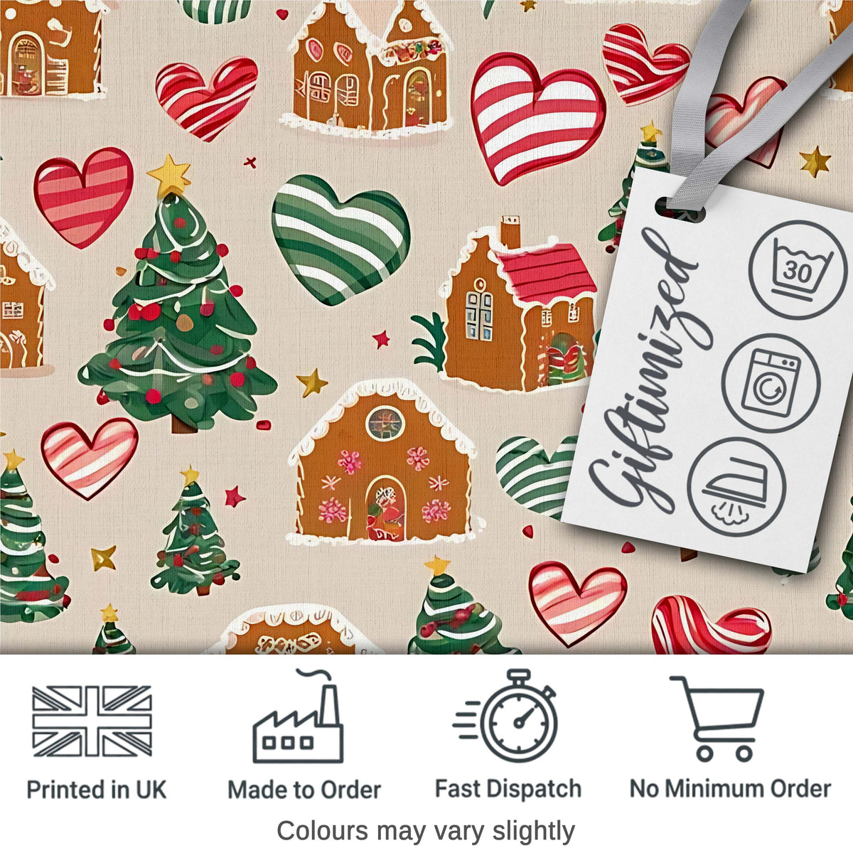 Cute Christmas Gingerbread Houses Hearts Trees Seamless Pattern Digital Print Fabric by the Metre UK Sewing Quilting Textile