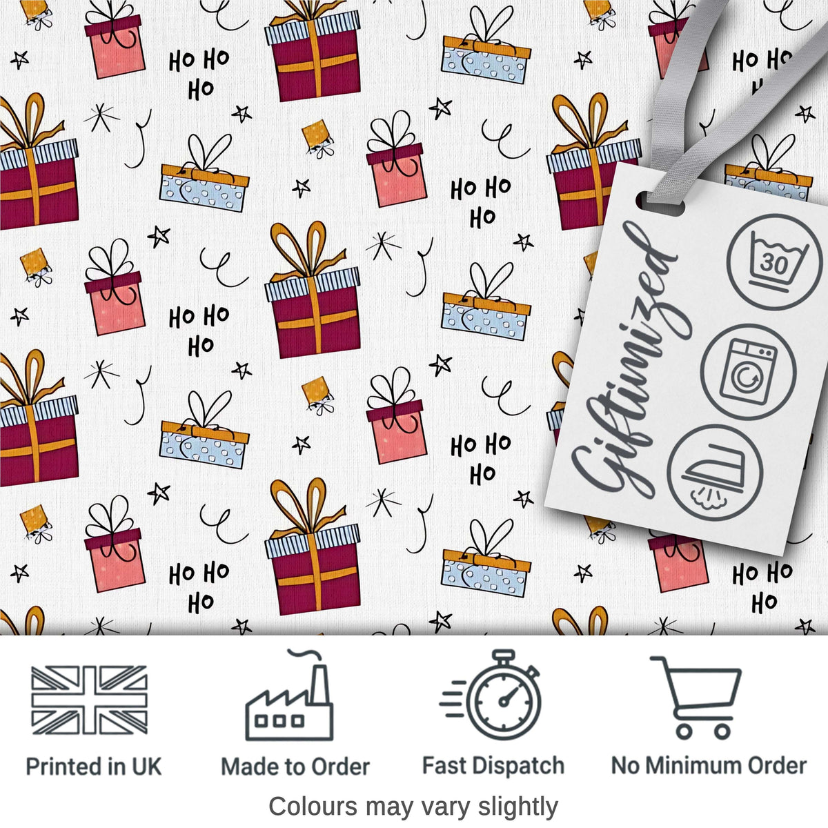 Cute Christmas Gift Boxes Ho Ho Doodle Seamless Pattern Digital Print Fabric by the Metre UK Sewing Quilting Textile