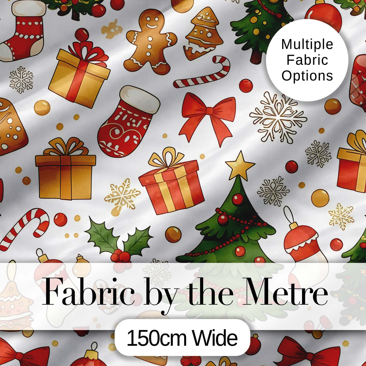 Cute Christmas Tree Gifts Gingerbread Festive Seamless Pattern Digital Print Fabric by the Metre UK Sewing Quilting Textile