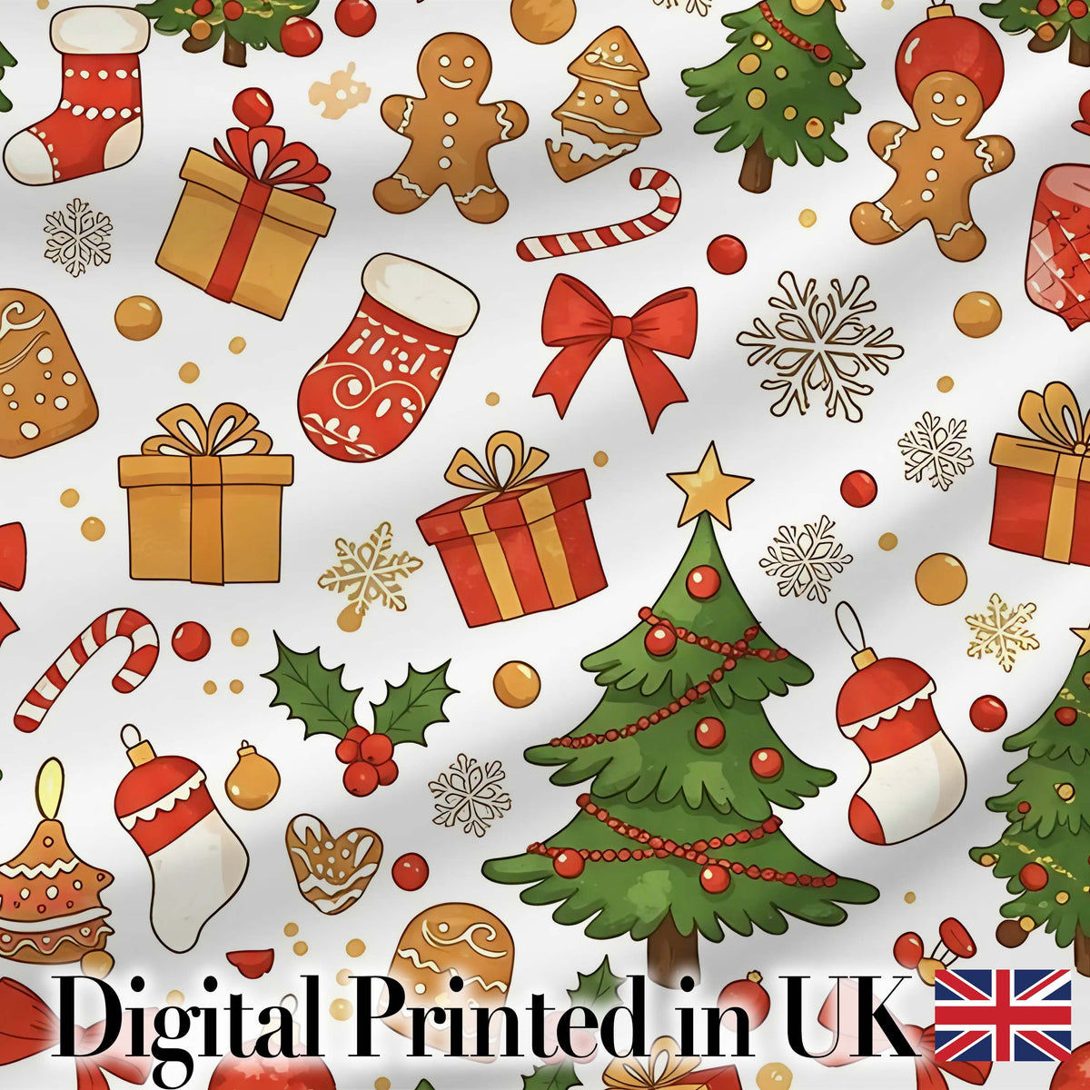 Cute Christmas Tree Gifts Gingerbread Festive Seamless Pattern Digital Print Fabric by the Metre UK Sewing Quilting Textile