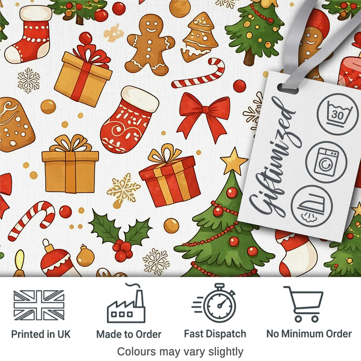 Cute Christmas Tree Gifts Gingerbread Festive Seamless Pattern Digital Print Fabric by the Metre UK Sewing Quilting Textile