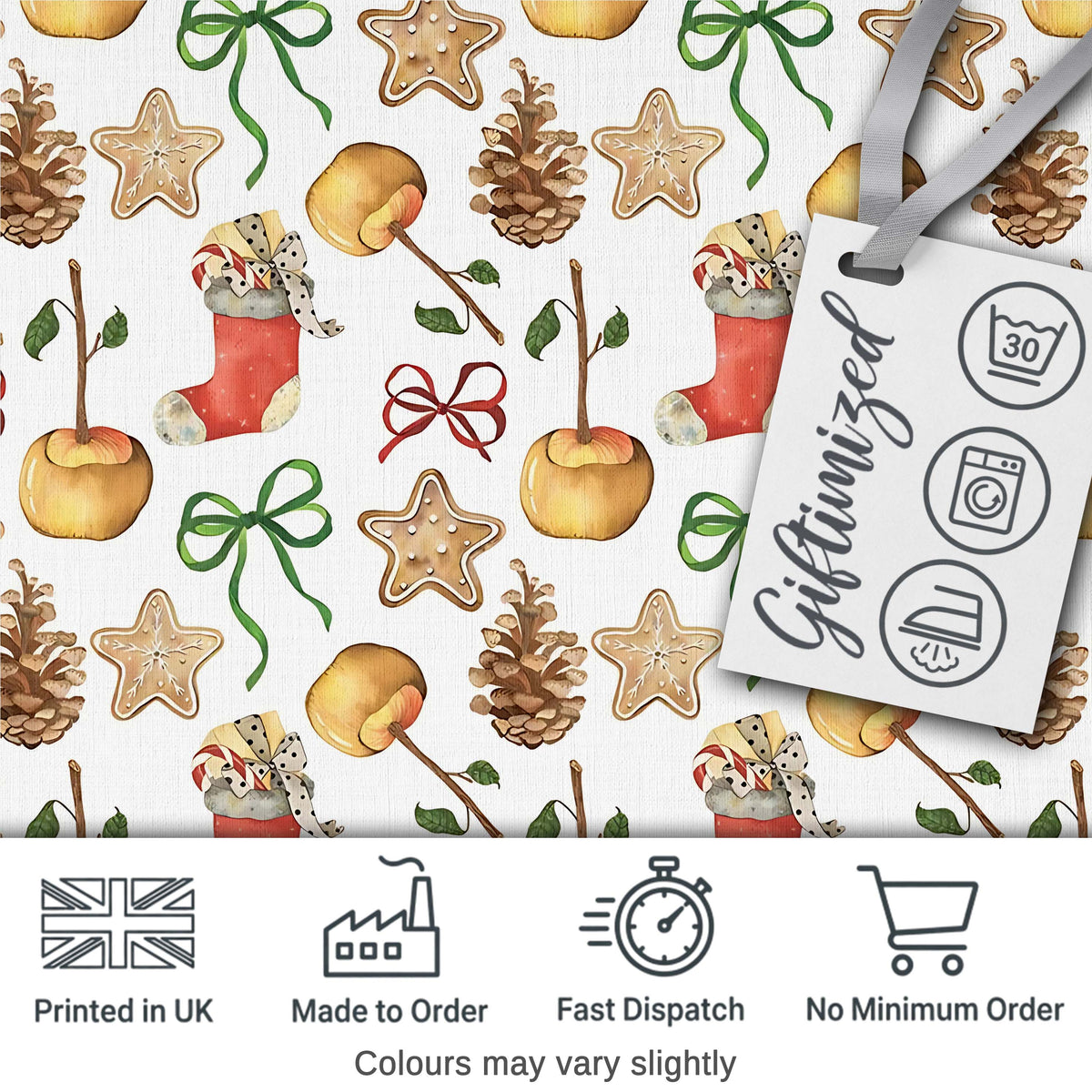 Cute Christmas Apples Pinecone Cookies Bows Seamless Pattern Digital Print Fabric by the Metre UK Sewing Quilting Textile
