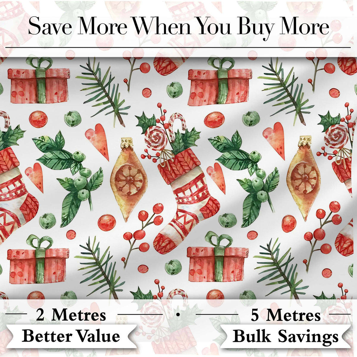 Cute Christmas Stocking Gifts Holly Leaves Seamless Pattern Digital Print Fabric by the Metre UK Sewing Quilting Textile
