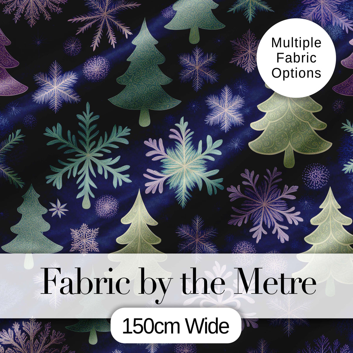 Elegant Winter Snowflakes and Christmas Trees Dark Blue Seamless Pattern Digital Print Fabric by the Metre UK Sewing Quilting Textile