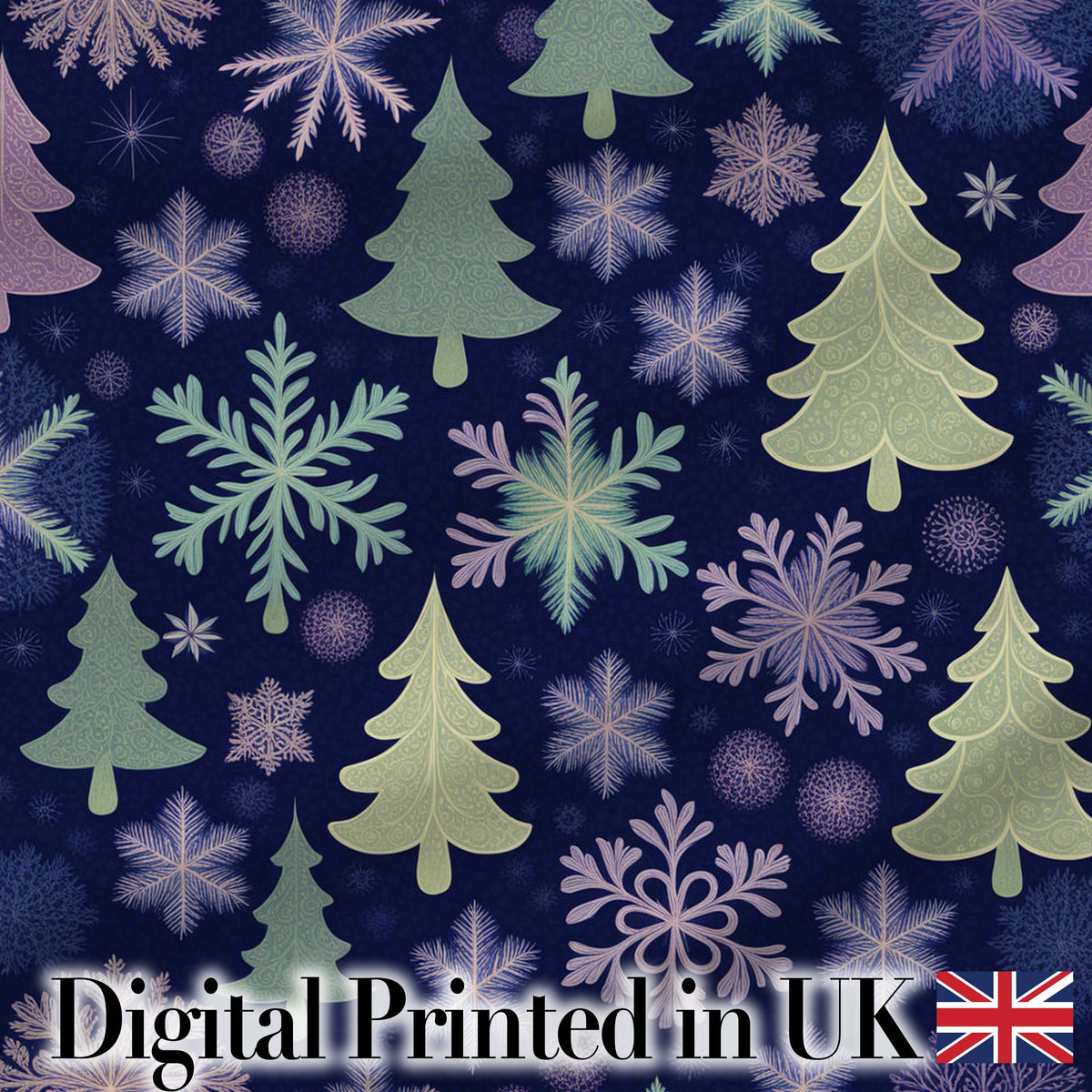 Elegant Winter Snowflakes and Christmas Trees Dark Blue Seamless Pattern Digital Print Fabric by the Metre UK Sewing Quilting Textile