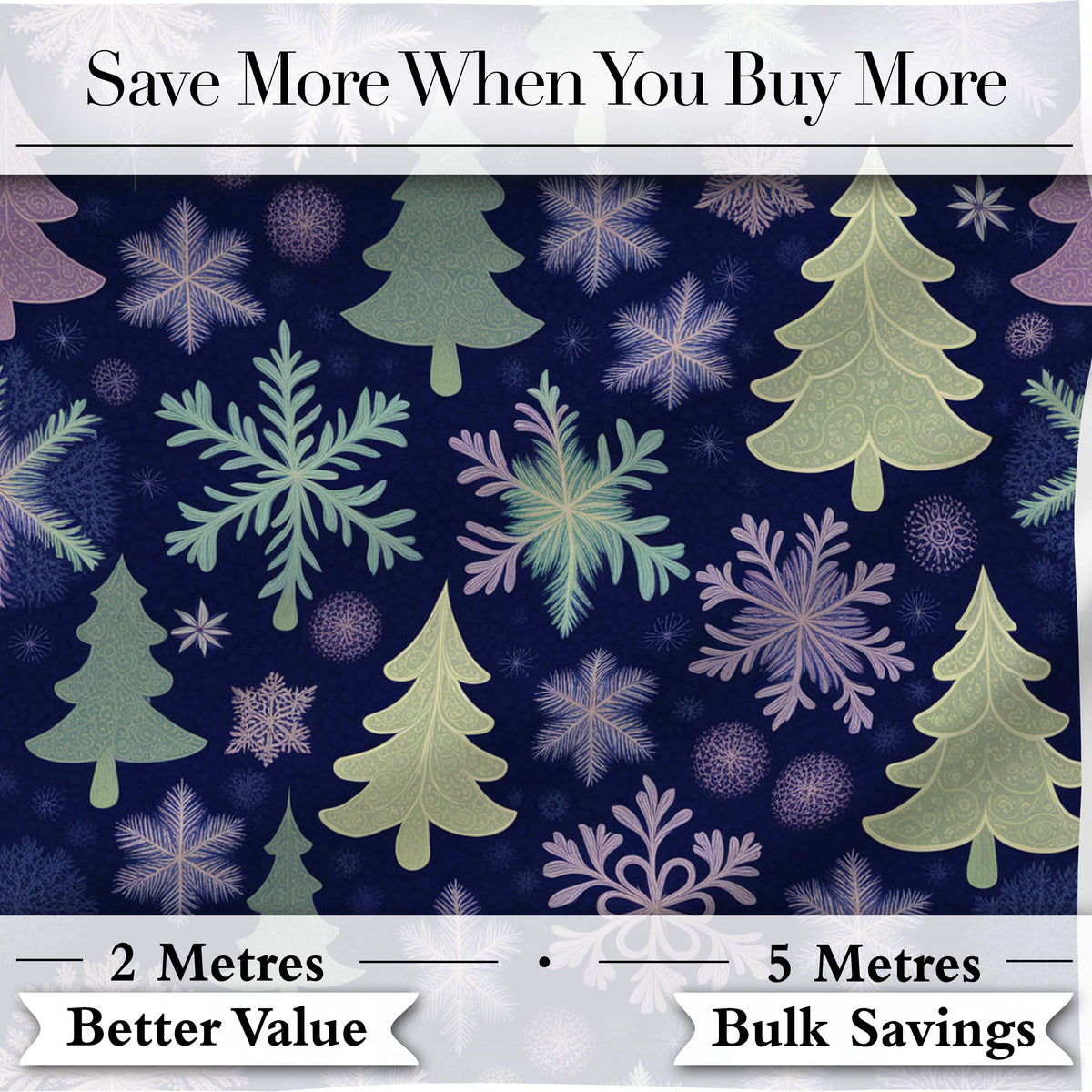Elegant Winter Snowflakes and Christmas Trees Dark Blue Seamless Pattern Digital Print Fabric by the Metre UK Sewing Quilting Textile