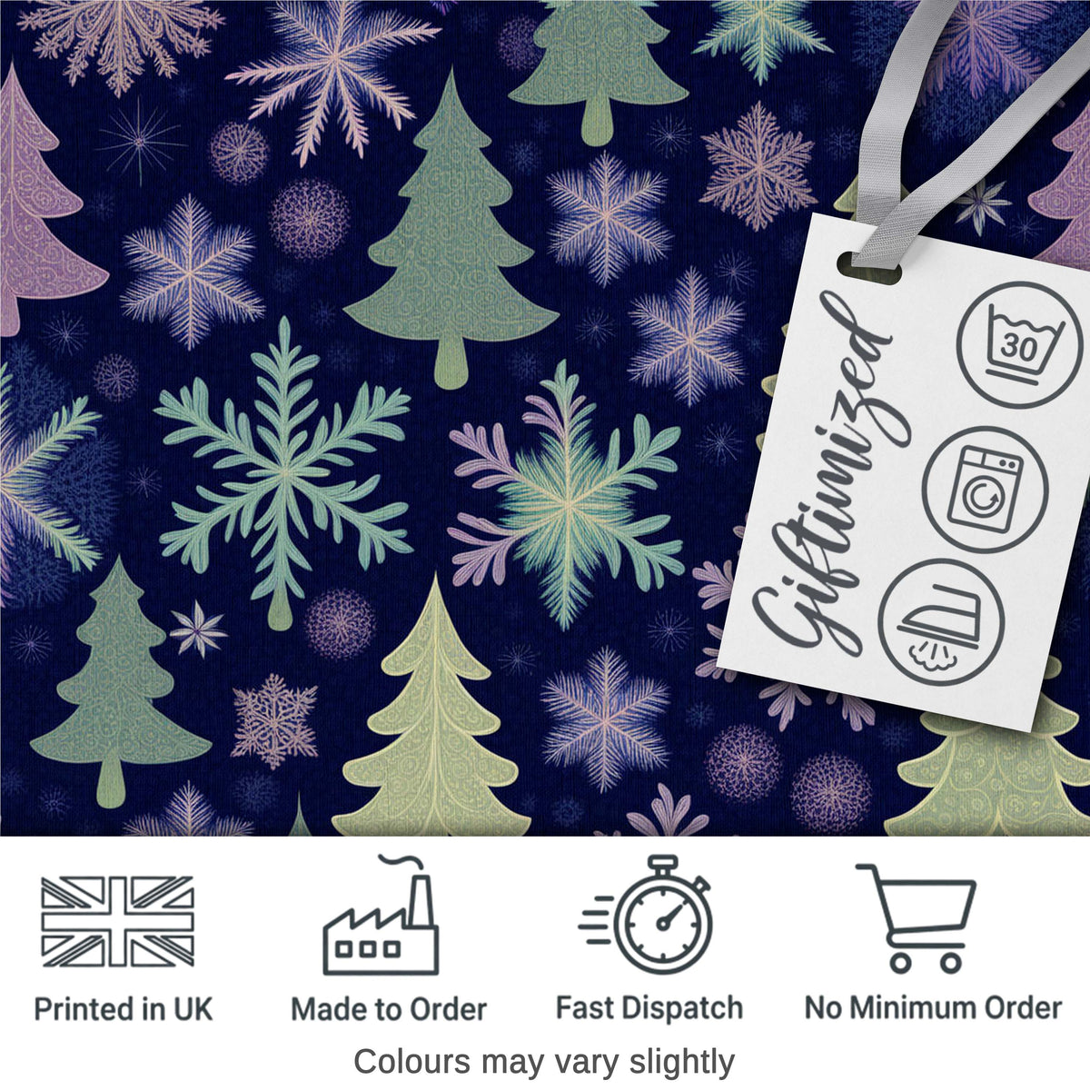 Elegant Winter Snowflakes and Christmas Trees Dark Blue Seamless Pattern Digital Print Fabric by the Metre UK Sewing Quilting Textile