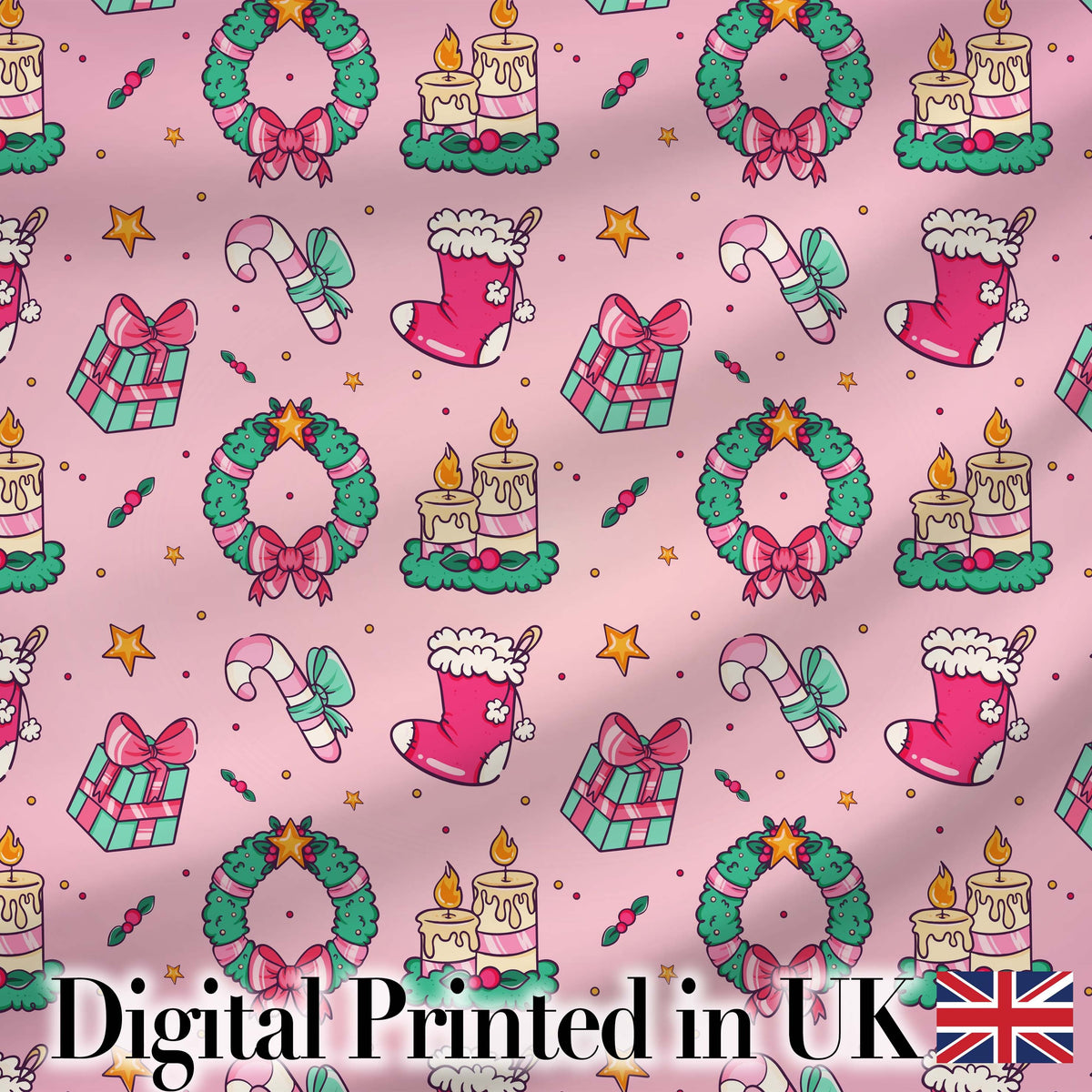 Cute Christmas Wreaths Gifts Candy Canes Seamless Pattern Digital Print Fabric by the Metre UK Sewing Quilting Textile