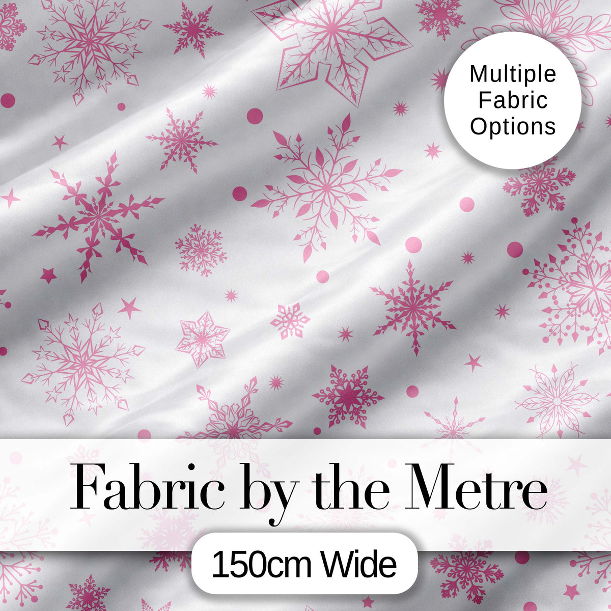 Elegant Pink Snowflakes White Background Seamless Pattern Digital Print Fabric by the Metre UK Sewing Quilting Textile
