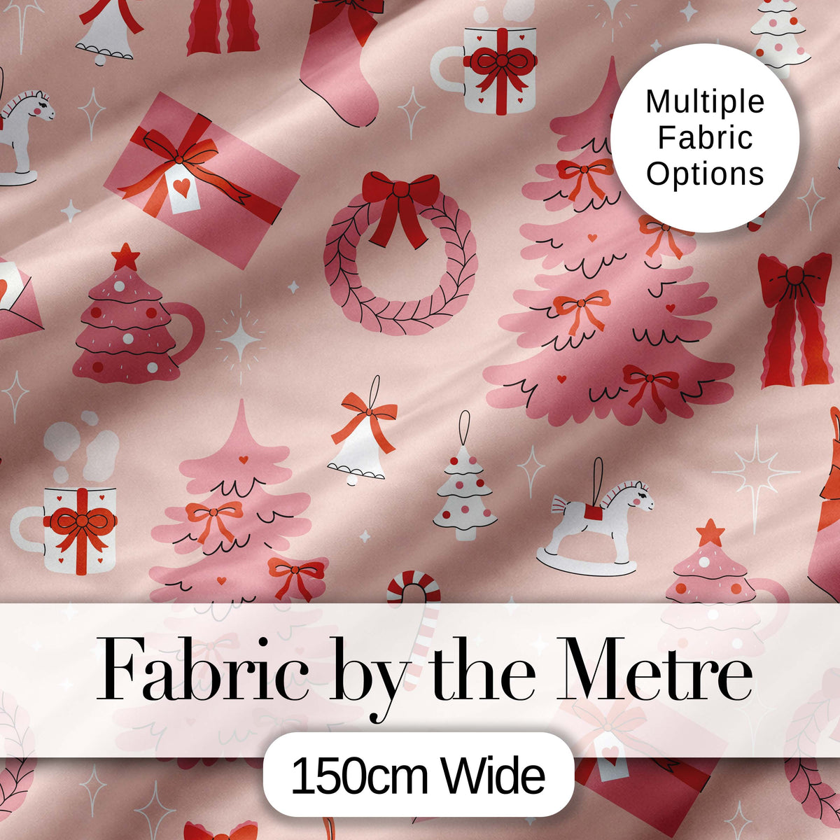 Cute Pink Christmas Trees Gifts Candy Canes Festive Seamless Pattern Digital Print Fabric by the Metre UK Sewing Quilting Textile
