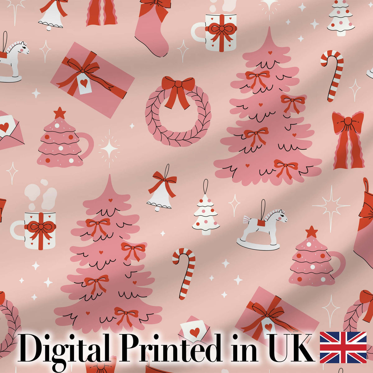 Cute Pink Christmas Trees Gifts Candy Canes Festive Seamless Pattern Digital Print Fabric by the Metre UK Sewing Quilting Textile