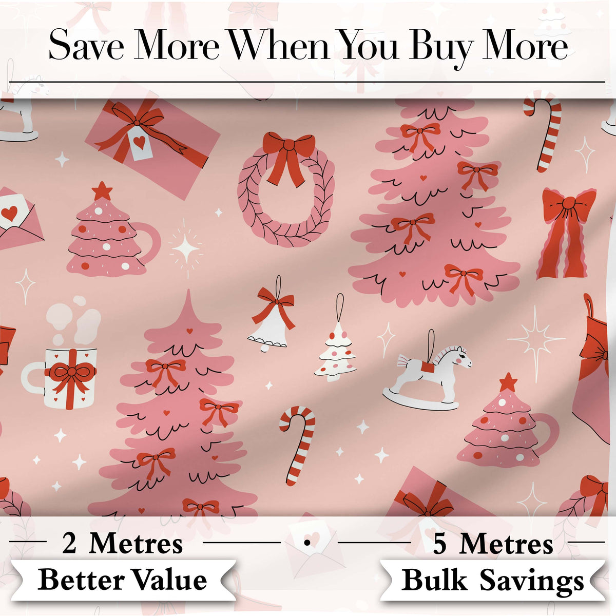 Cute Pink Christmas Trees Gifts Candy Canes Festive Seamless Pattern Digital Print Fabric by the Metre UK Sewing Quilting Textile