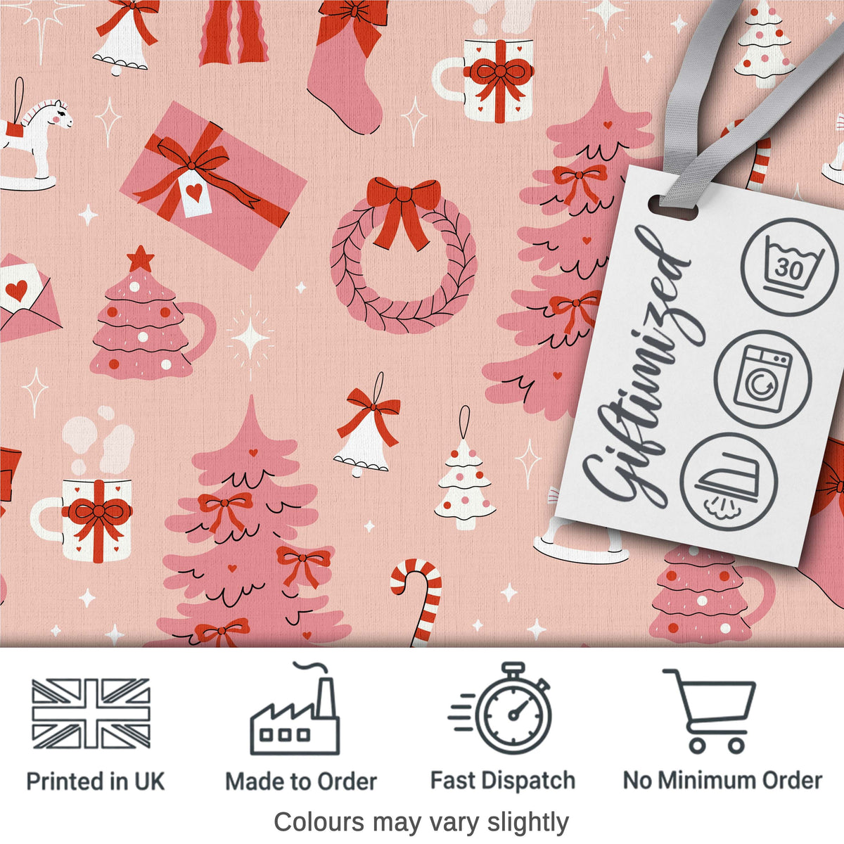 Cute Pink Christmas Trees Gifts Candy Canes Festive Seamless Pattern Digital Print Fabric by the Metre UK Sewing Quilting Textile