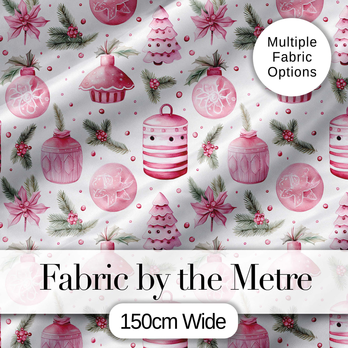 Elegant Pink Christmas Ornaments Holly Leaves Watercolor Seamless Pattern Digital Print Fabric by the Metre UK Sewing Quilting Textile