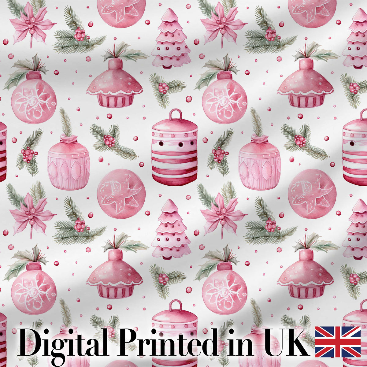 Elegant Pink Christmas Ornaments Holly Leaves Watercolor Seamless Pattern Digital Print Fabric by the Metre UK Sewing Quilting Textile