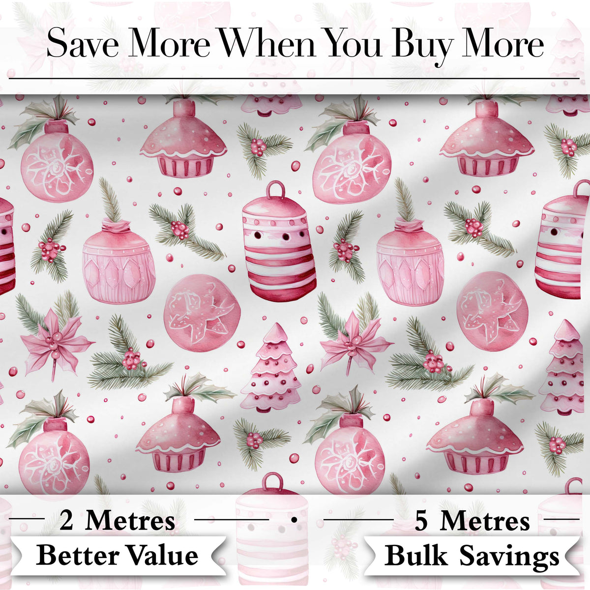 Elegant Pink Christmas Ornaments Holly Leaves Watercolor Seamless Pattern Digital Print Fabric by the Metre UK Sewing Quilting Textile
