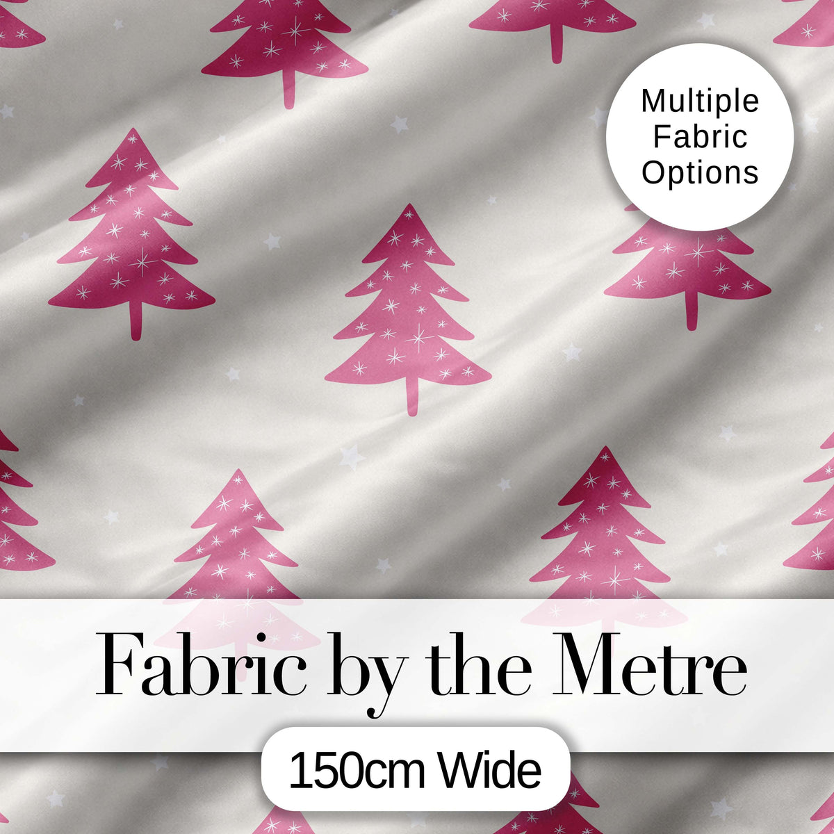 Minimal Pink Christmas Trees Stars Winter Seamless Pattern Digital Print Fabric by the Metre UK Sewing Quilting Textile