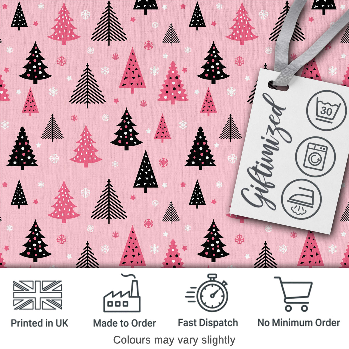 Modern Pink Black Christmas Trees Snowflakes Seamless Pattern Digital Print Fabric by the Metre UK Sewing Quilting Textile
