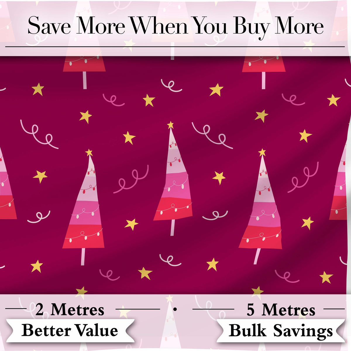 Pink Christmas Trees Stars Lights Festive Seamless Pattern Digital Print Fabric by the Metre UK Sewing Quilting Textile