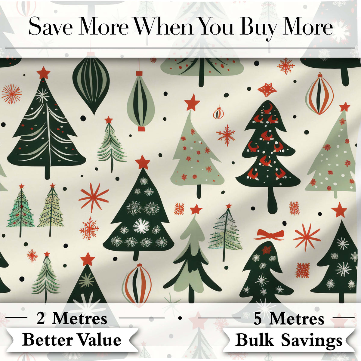 Modern Christmas Trees Ornaments Stars Festive Seamless Pattern Digital Print Fabric by the Metre UK Sewing Quilting Textile