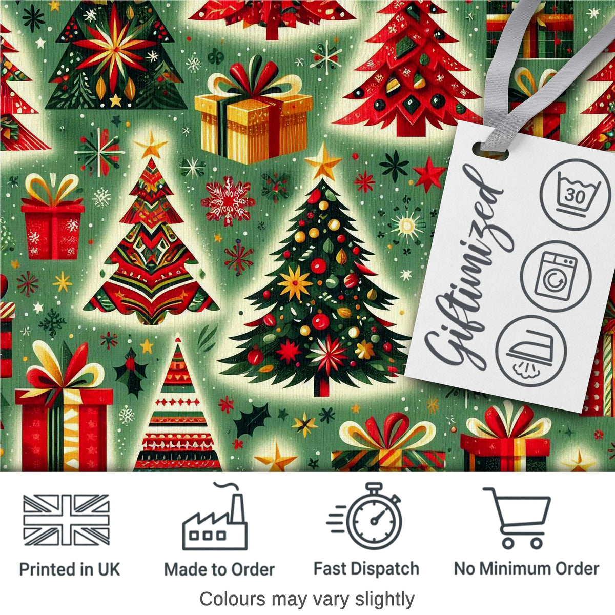 Colorful Christmas Trees Gifts Snowflakes Festive Seamless Pattern Digital Print Fabric by the Metre UK Sewing Quilting Textile
