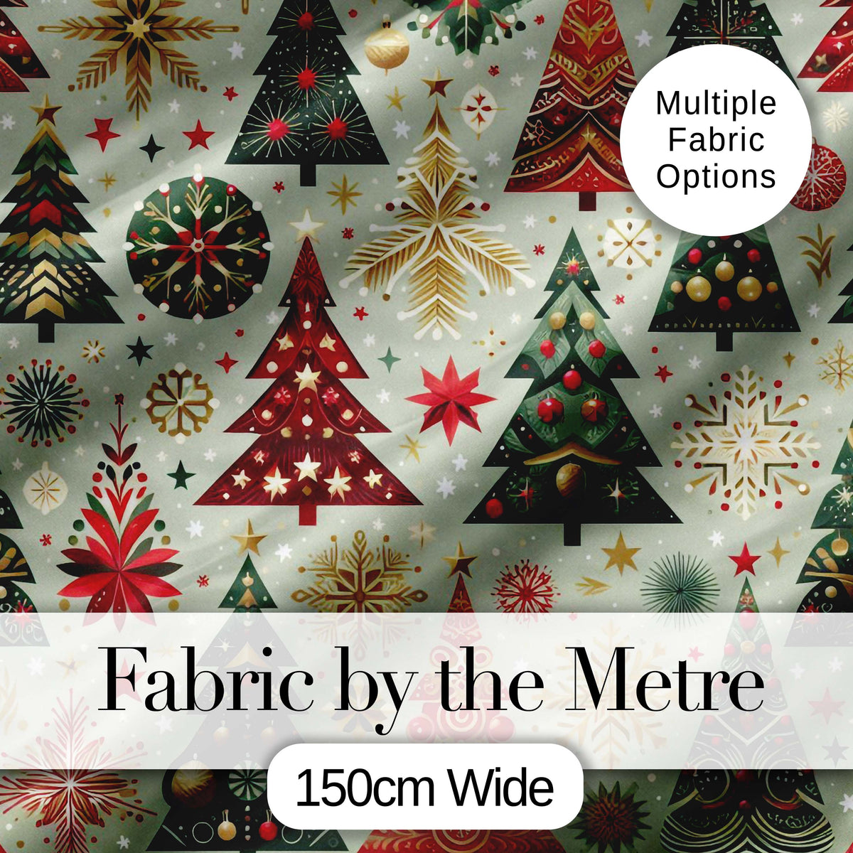 Luxury Christmas Trees Gold Red Snowflakes Festive Seamless Pattern Digital Print Fabric by the Metre UK Sewing Quilting Textile