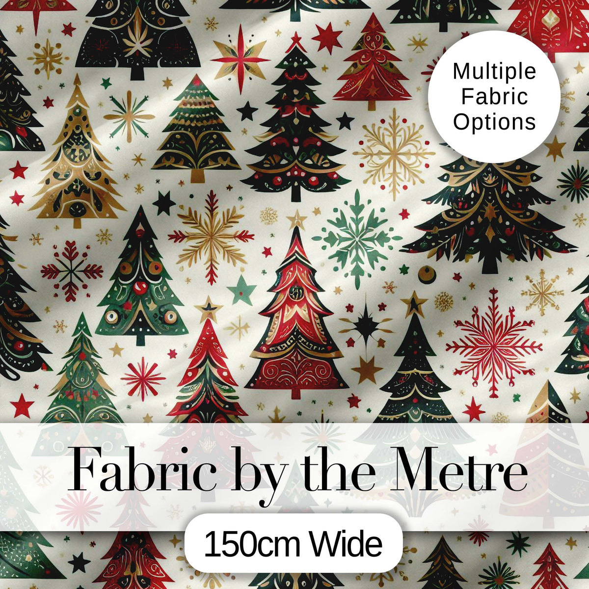 Decorative Christmas Tree Motifs with Snowflakes and Starbursts Digital Print Fabric by the Metre UK Sewing Quilting Textile