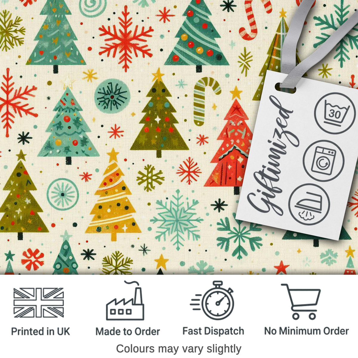 Playful Christmas Trees Candy Canes and Snowflakes Festive Seamless Pattern Digital Print Fabric by the Metre UK Sewing Quilting Textile